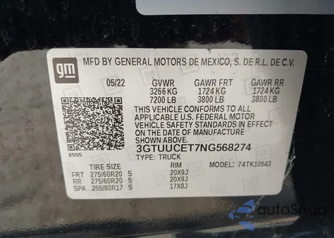 2022 GMC Sierra 1500 4Wd Short Box Elevation With 3Sb from USA, damaged, VIN 3GTUUCET7NG568274